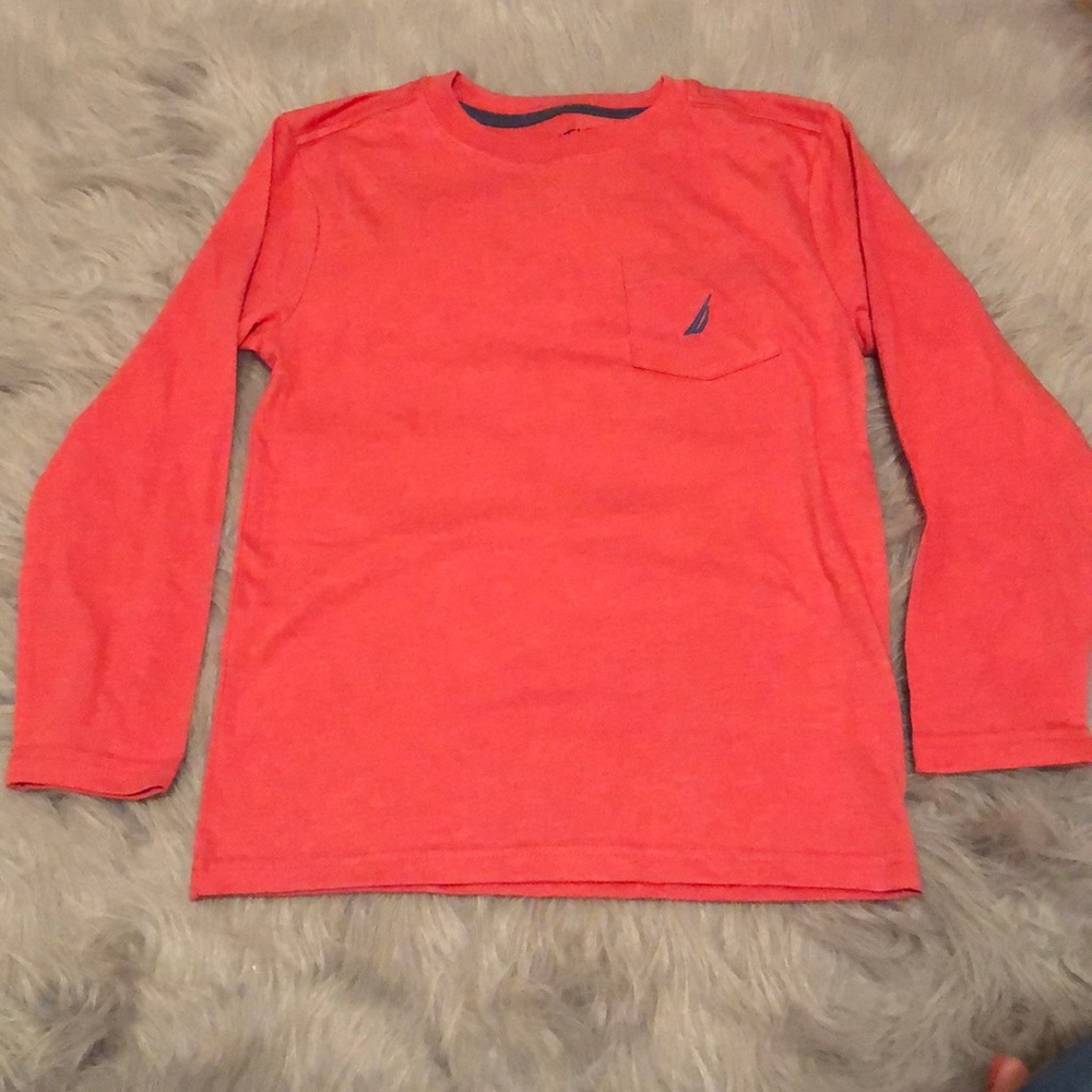 Boys Coral Redish Nautical Long Sleeve shirt.